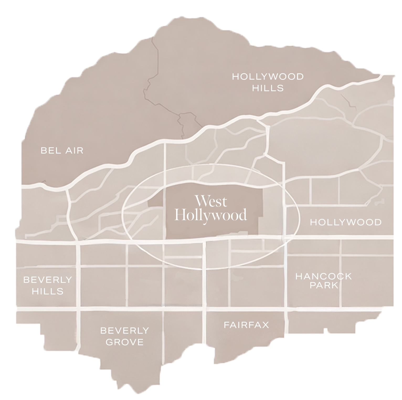 Illustrated map highlighting West Hollywood and surrounding Los Angeles neighborhoods