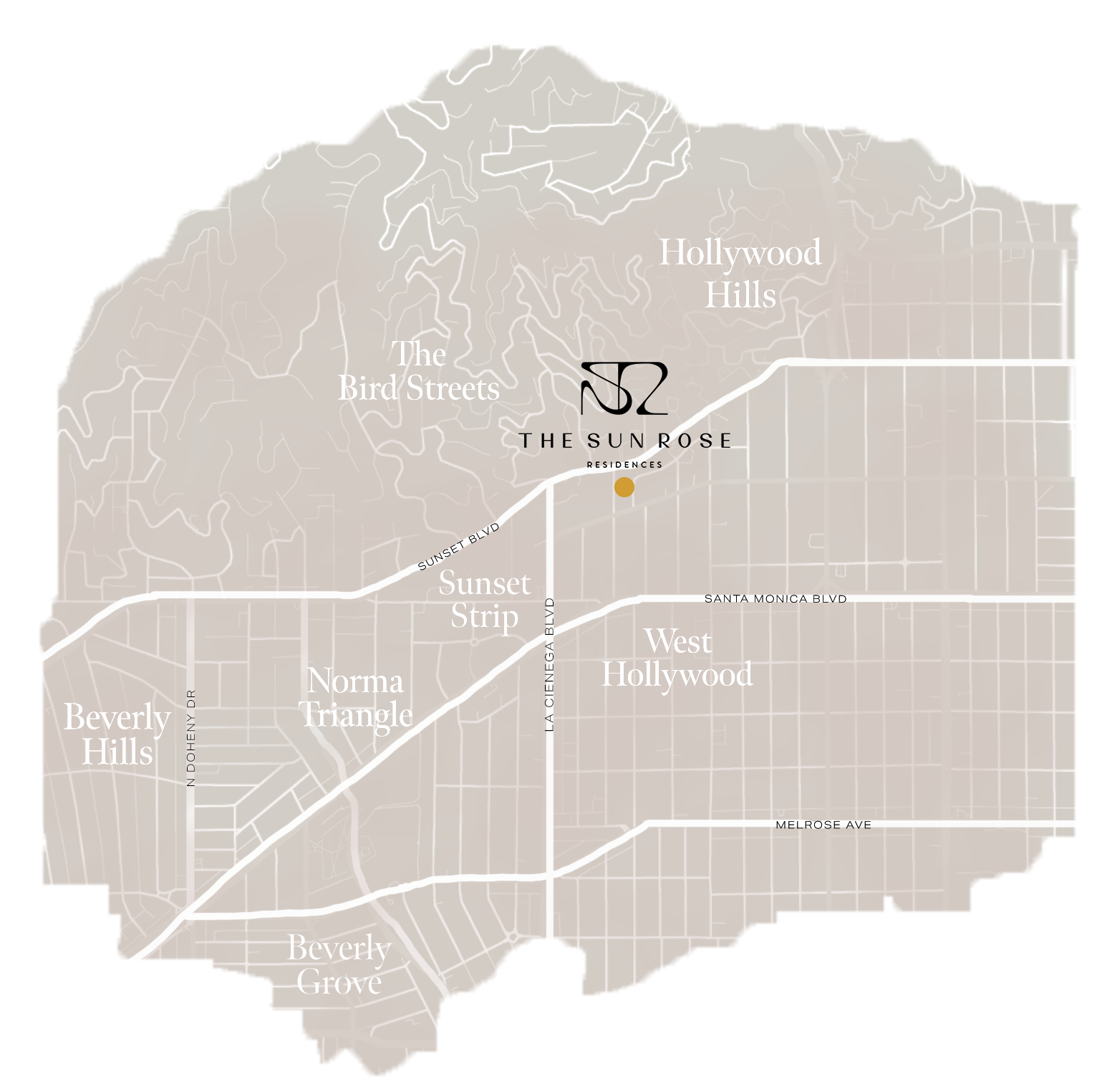 Stylized map showing The Sun Rose Residences’ location on Sunset Boulevard in West Hollywood, near the Sunset Strip, West Hollywood, Beverly Hills, Norma Triangle, Beverly Grove, the Bird Streets, and Hollywood Hills.